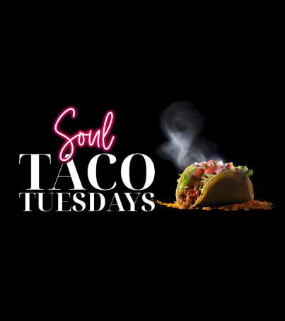 “Soul Taco Tuesdays” promo banner with a steaming taco at Blossoms in Brooklyn.