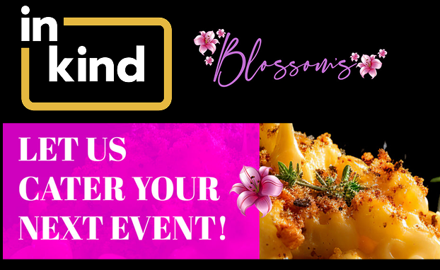 InKind catering with a dish and flowers on a black background