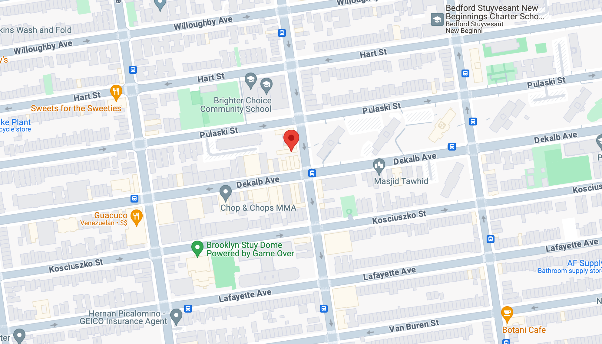 Map showing Blossoms at 911 DeKalb Avenue, Brooklyn, New York 11221